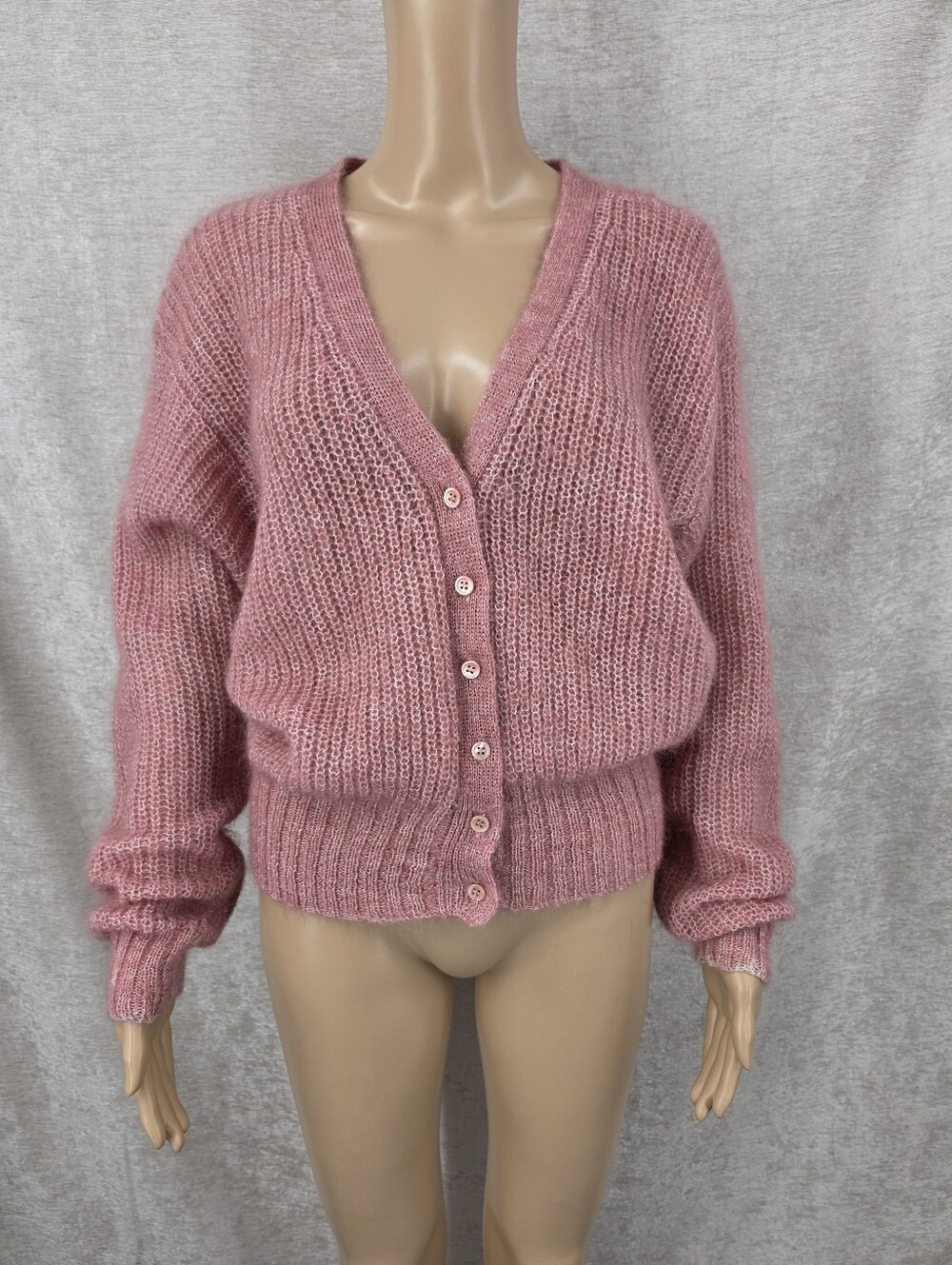 Vintage Mohair Soft Fuzzy V-Neck Cardigan Sweater Dusty Rose Pink